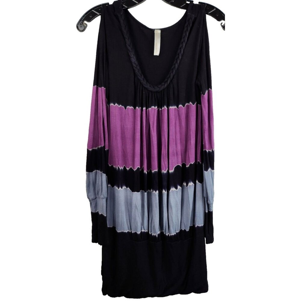 S-Twelve Womens Mini Dress Medium Black Purple Tie Dye Cold Shoulder Hippie BOHO